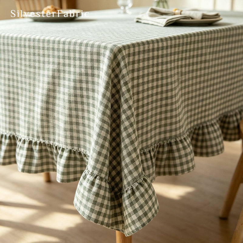 green plaid farmhouse tablecloth fabric close-up