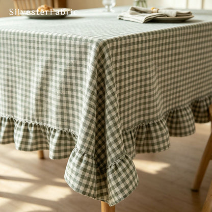 green plaid farmhouse tablecloth fabric close-up