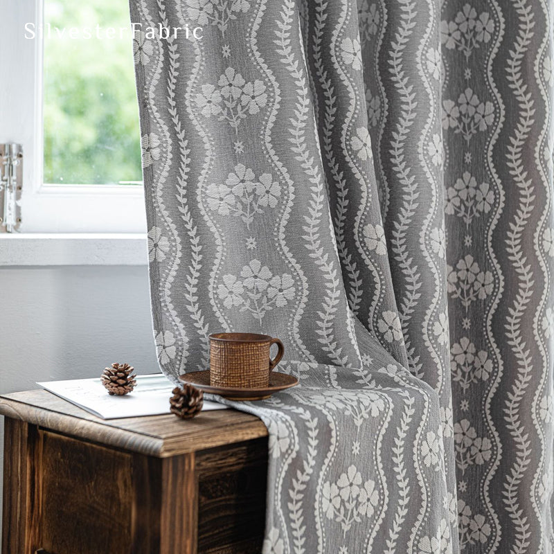 grey floral farmhouse curtain fabric close-up