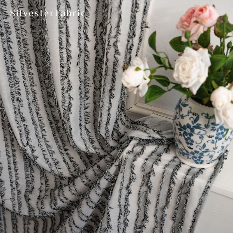grey farmhouse striped curtain fabric texture