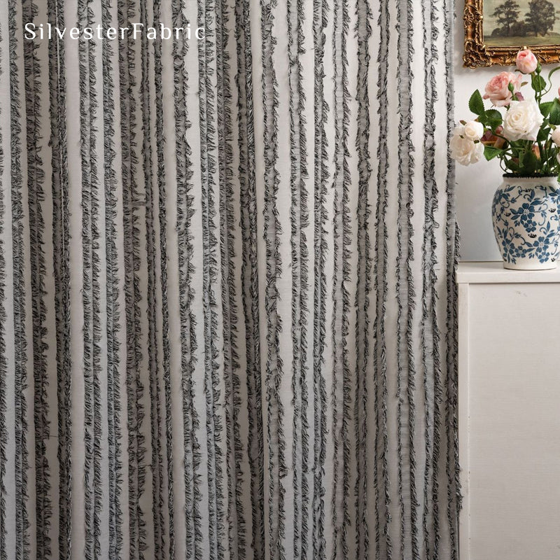 grey farmhouse striped curtain fabric texture