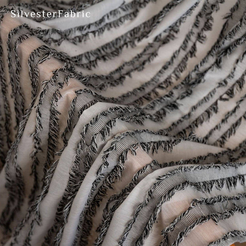 grey farmhouse striped curtain drape and fold detail