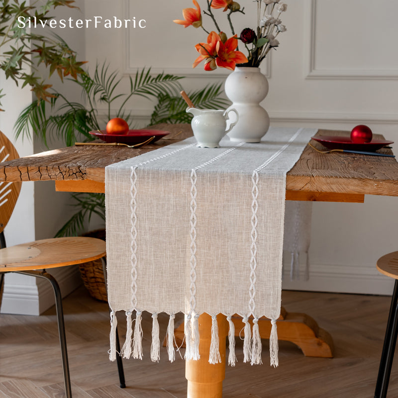 grey table runner edge stitching detail