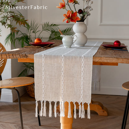 grey table runner edge stitching detail