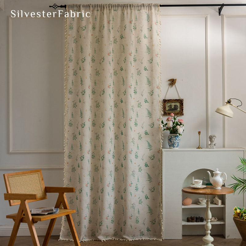 leaf farmhouse sheer curtain hanging in window