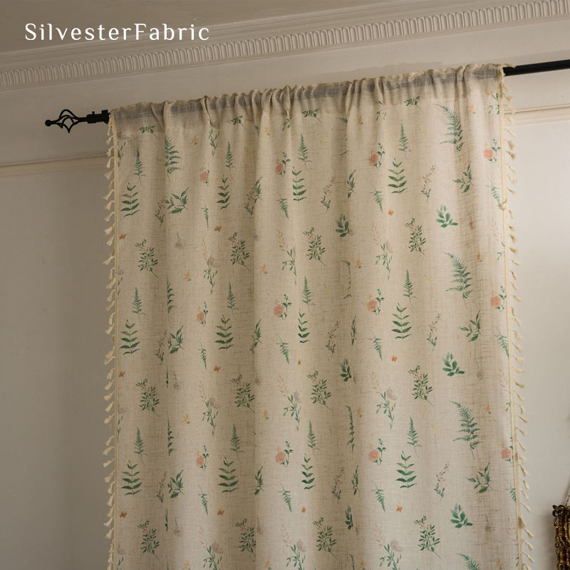tassel trim on leaf farmhouse sheer curtain panel