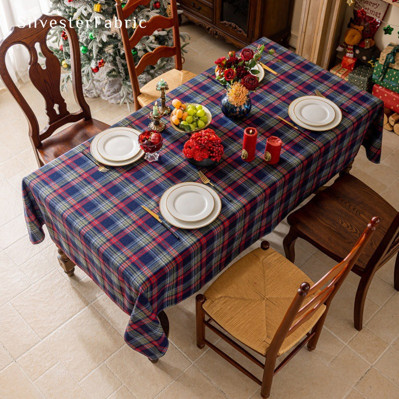 blue Christmas tartan plaid cotton tablecloth for holiday table setting