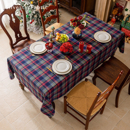 blue Christmas tartan plaid cotton tablecloth for holiday table setting