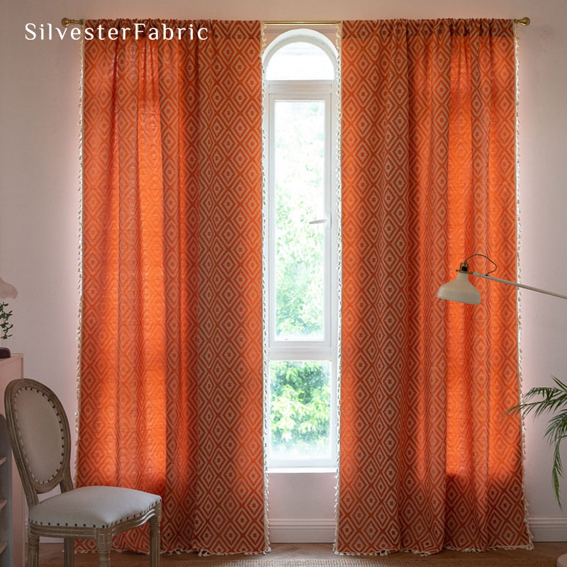 Close‑up of Orange Farmhouse Diamond Curtain corner