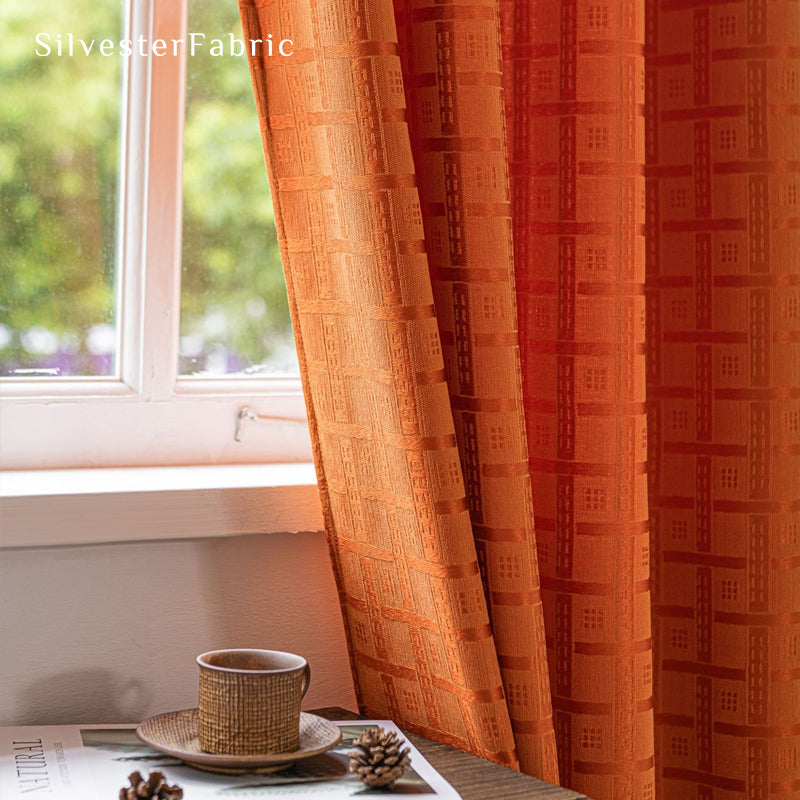 Orange jacquard farmhouse curtain fabric texture