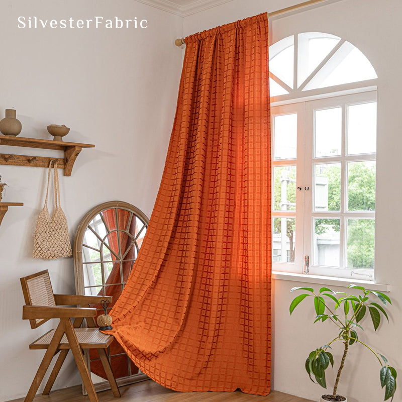 Orange jacquard farmhouse curtain panel
