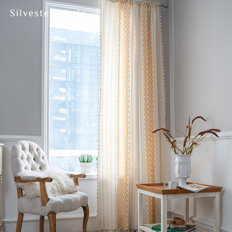 Orange Striped Printed Curtains丨Geometric White Curtains