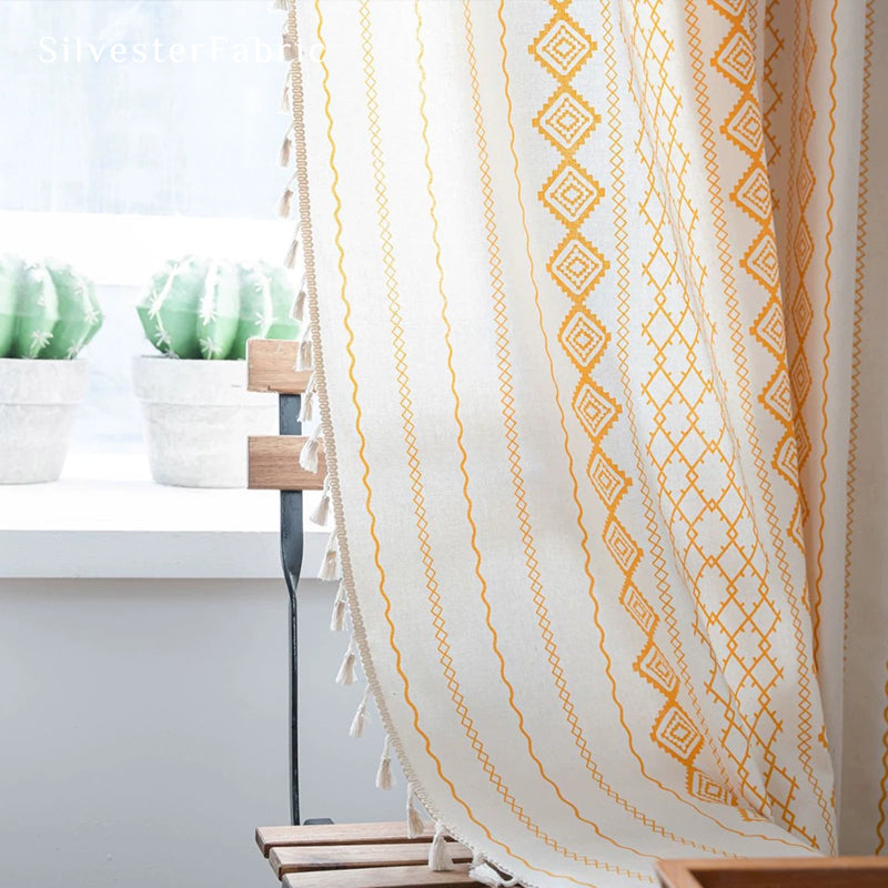 Orange Striped Printed Curtains丨Geometric White Curtains