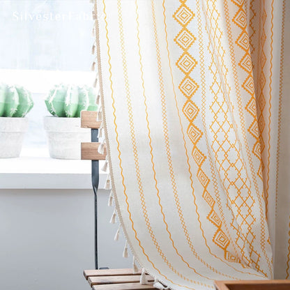 Orange Striped Printed Curtains丨Geometric White Curtains