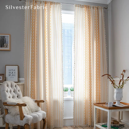 Orange Striped Printed Curtains丨Geometric White Curtains