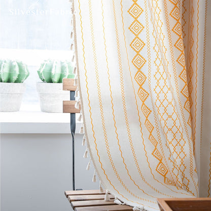 Orange Striped Printed Curtains丨Geometric White Curtains