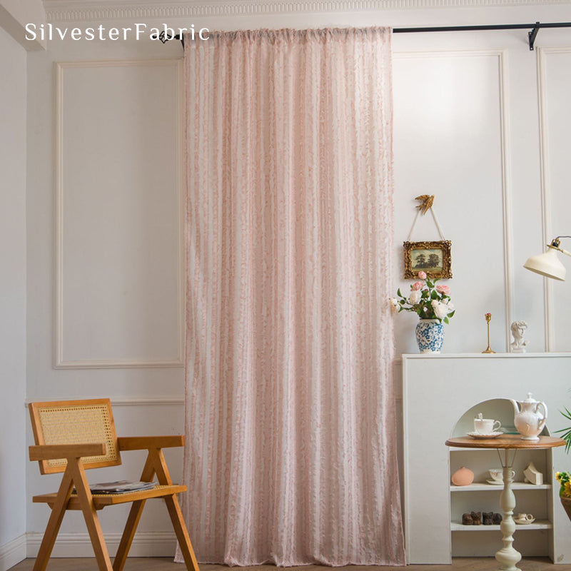 pink farmhouse striped curtain hanging in window