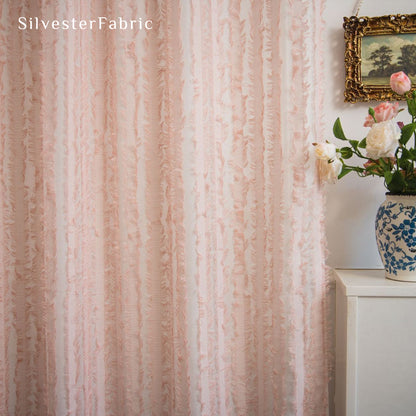 pink farmhouse striped curtain fabric close-up
