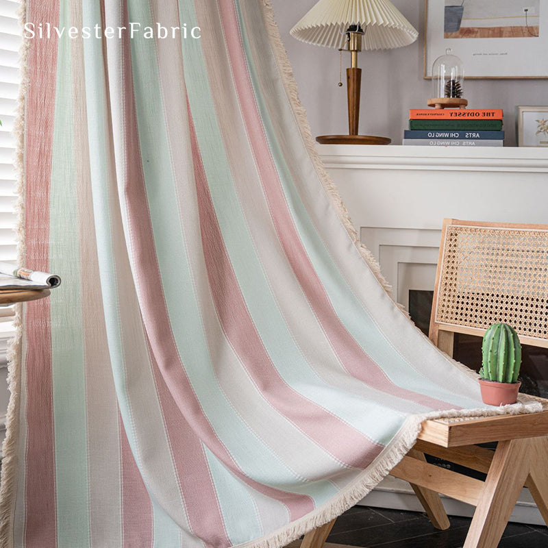 Pink Striped Color Block Curtains Hanging in Bedroom Window