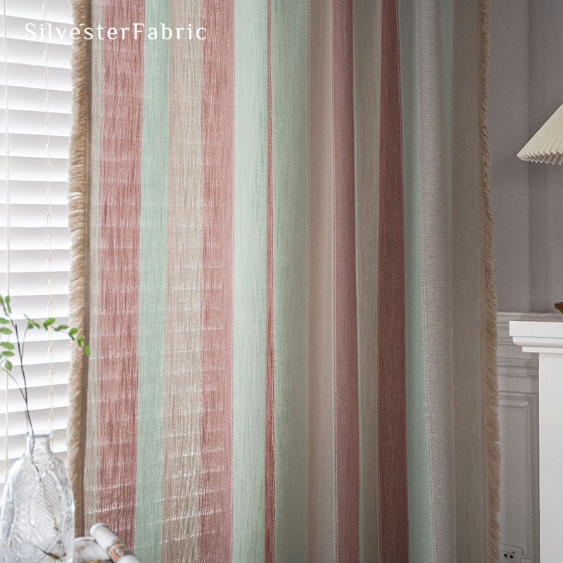 Pink Striped Color Block Curtains Hanging in Bedroom Window