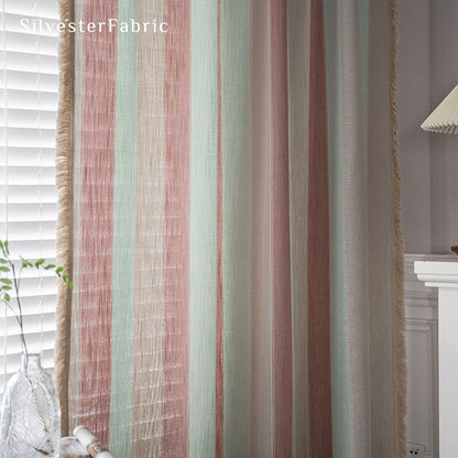 Pink Striped Color Block Curtains Hanging in Bedroom Window