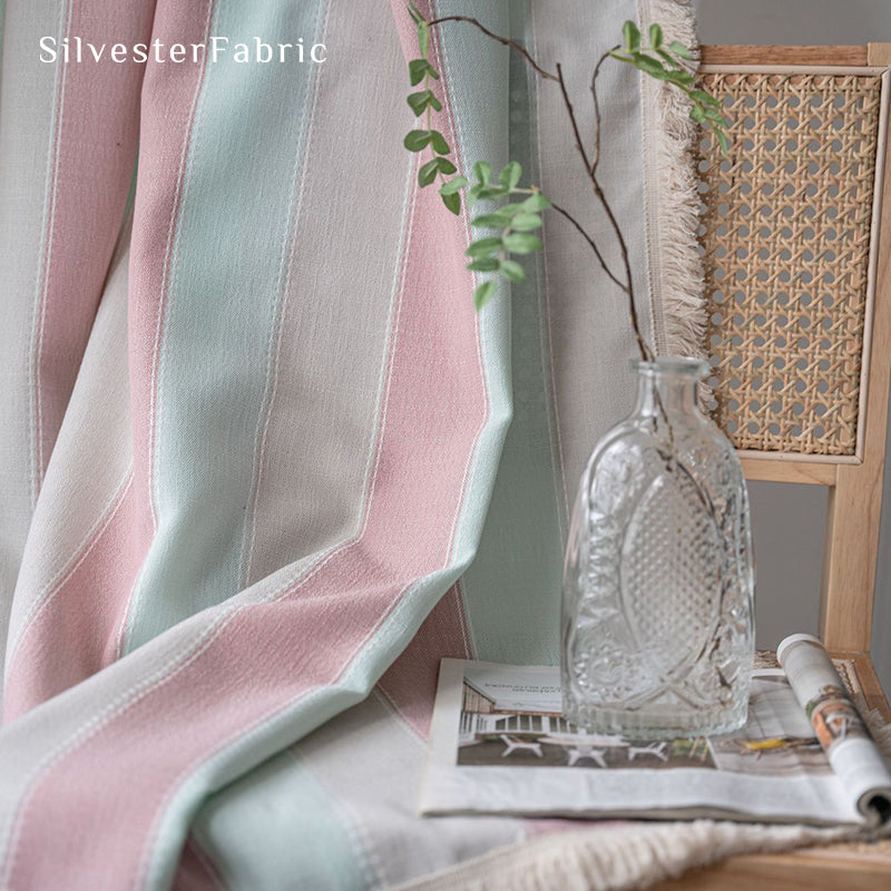 Pink Striped Color Block Curtains Hanging in Bedroom Window