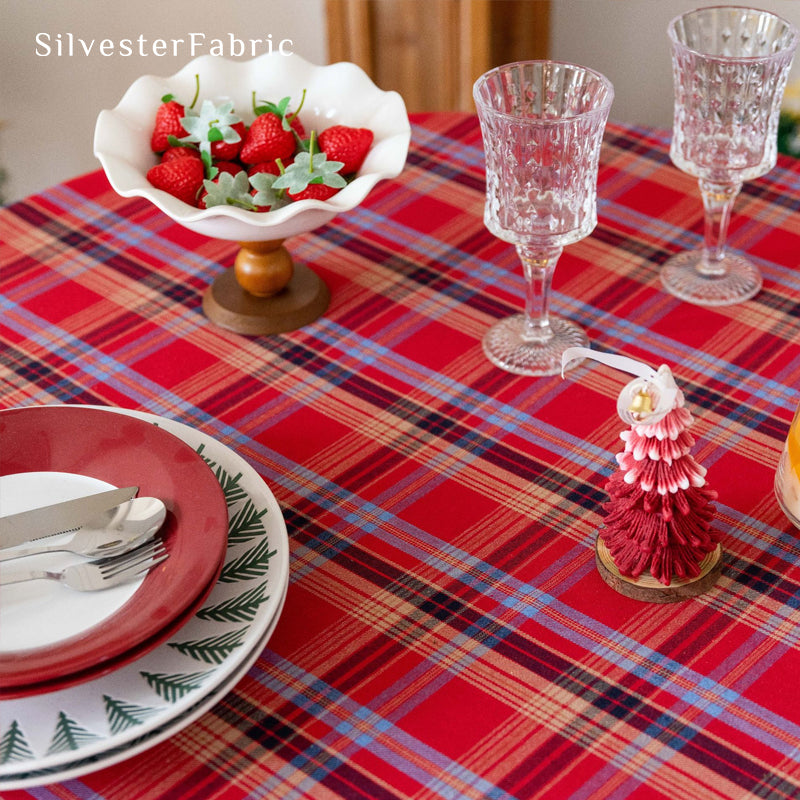 red Christmas tartan plaid cotton tablecloth fabric close-up