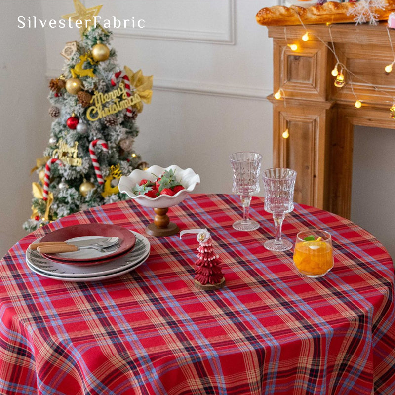 red Christmas tartan plaid cotton tablecloth for holiday table setting