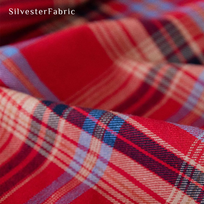 red Christmas tartan plaid cotton tablecloth edge stitching detail
