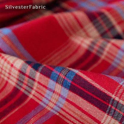 red Christmas tartan plaid cotton tablecloth edge stitching detail