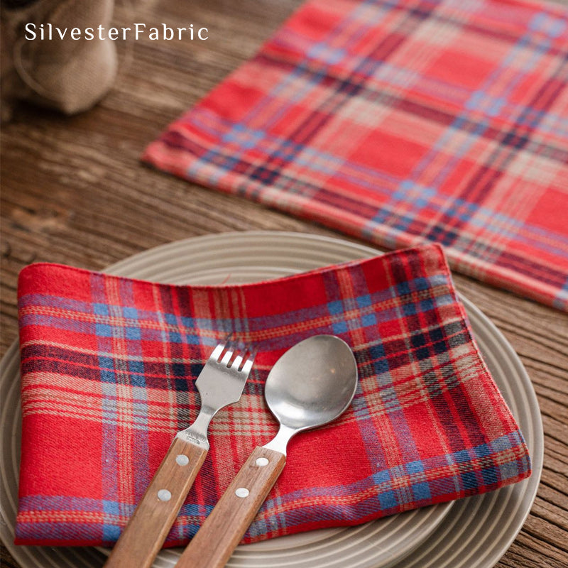 red Christmas plaid placemats fabric close-up