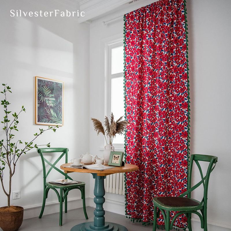 Red Floral Linen Curtains丨Make the Bedroom Gorgeous