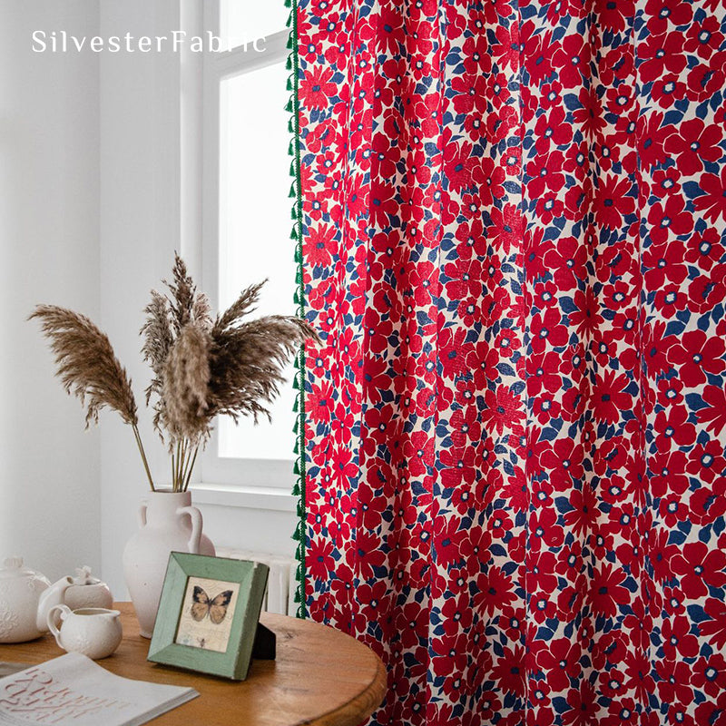 Red Floral Linen Curtains丨Make the Bedroom Gorgeous