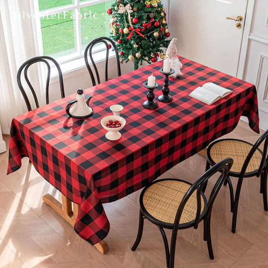 buffalo check Christmas tablecloth draped over rectangle table