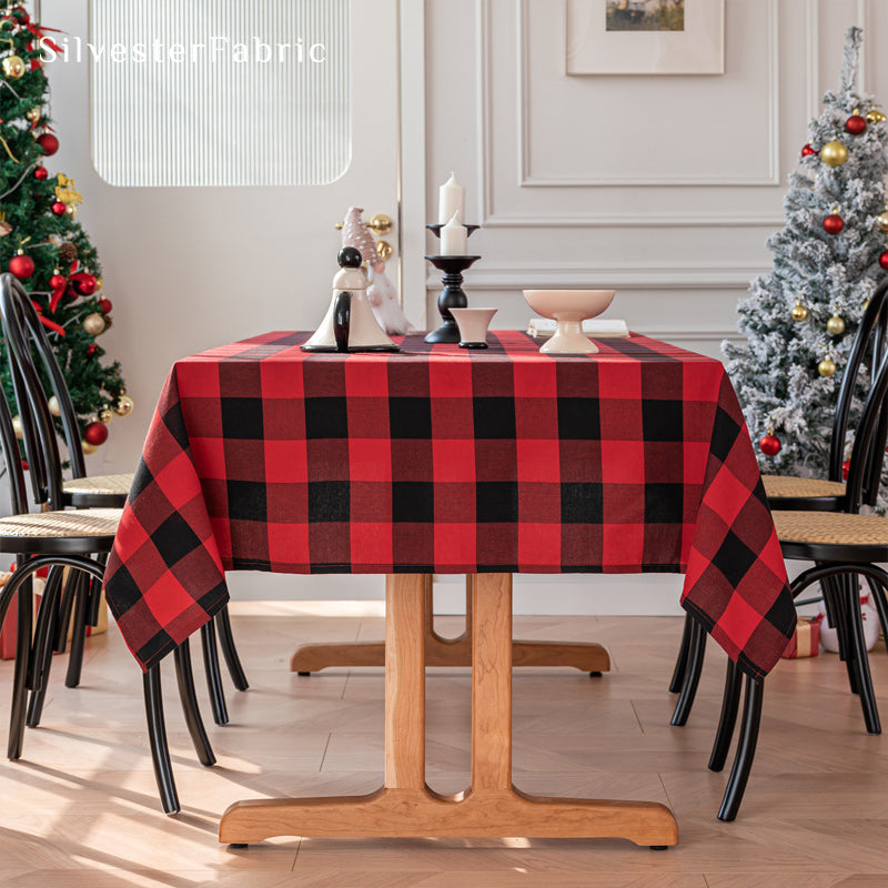 buffalo check Christmas tablecloth laid flat on dining table