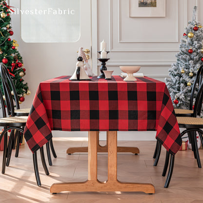 buffalo check Christmas tablecloth laid flat on dining table