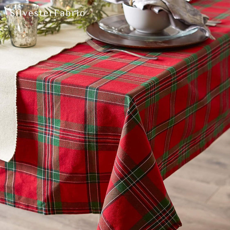 Red and Green Christmas Buffalo Check Tablecloth laid flat on dining table