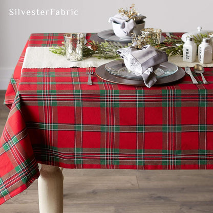 Red and Green Christmas Buffalo Check Tablecloth draped over rectangle table