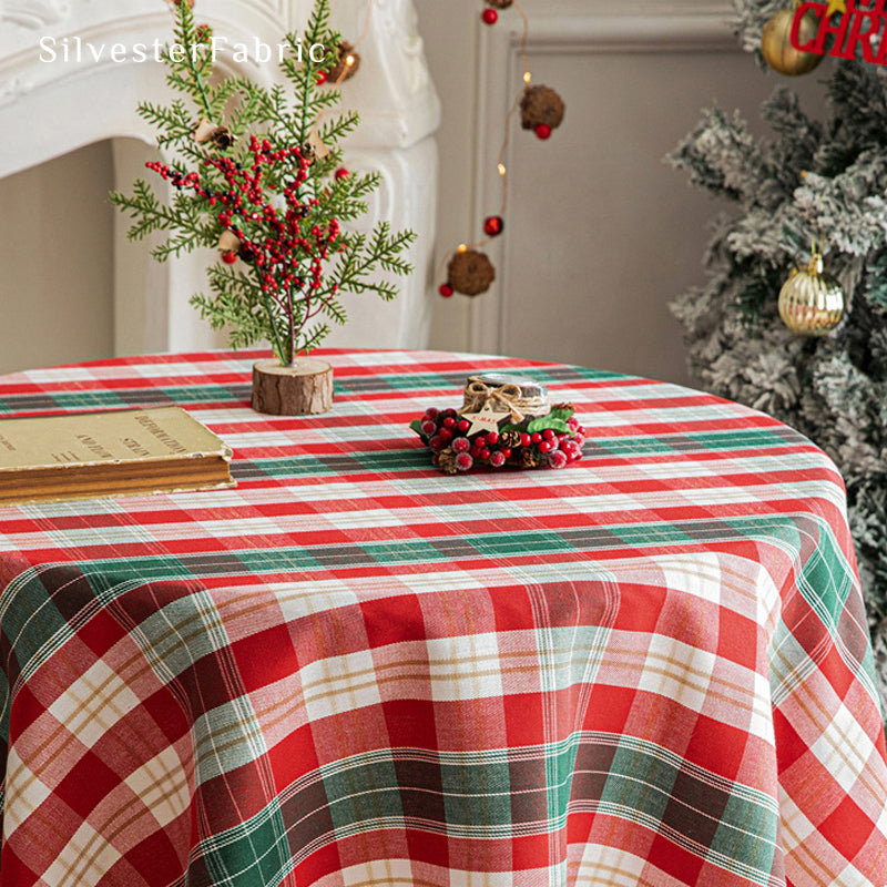 Red and White Tartan Plaid Christmas Tablecloth draped over round table