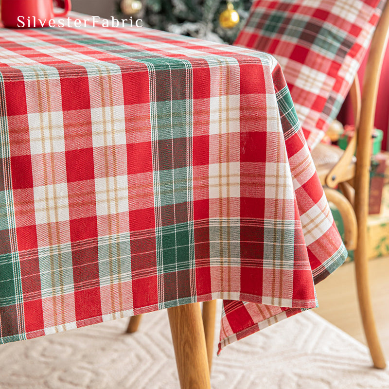 Red and White Tartan Plaid Christmas Tablecloth edge stitching detail
