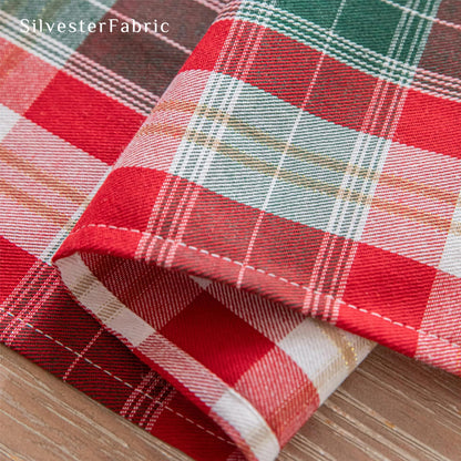 Red and White Tartan Plaid Christmas Tablecloth fabric close-up