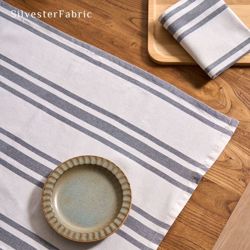 white farmhouse striped placemats laid flat on dining table