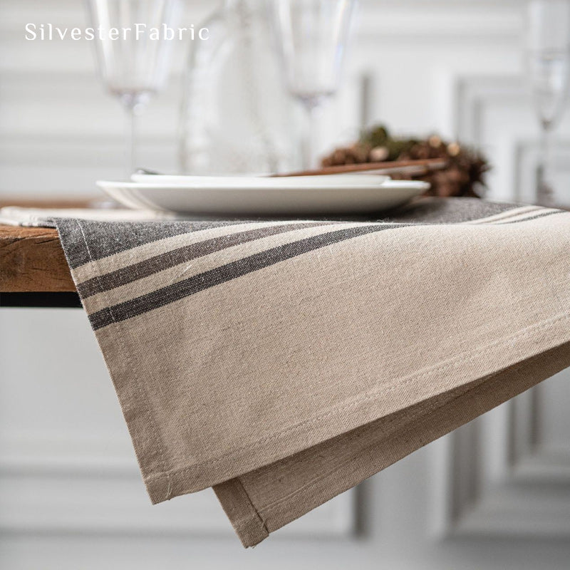 beige striped farmhouse placemats edge stitching detail