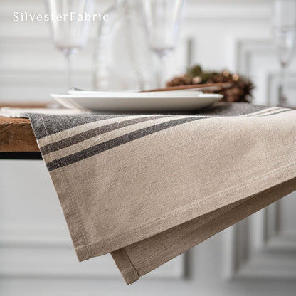 beige striped farmhouse placemats edge stitching detail