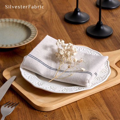 white striped farmhouse placemats edge stitching detail