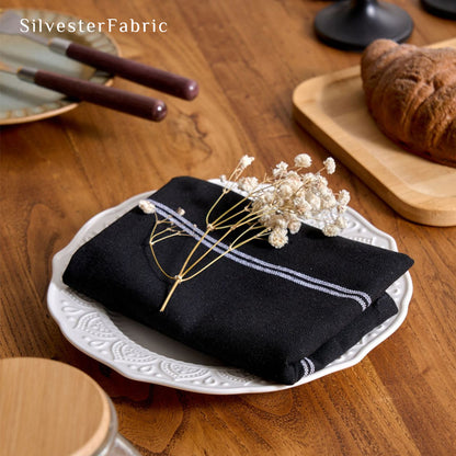 black farmhouse striped placemats texture and weave detail