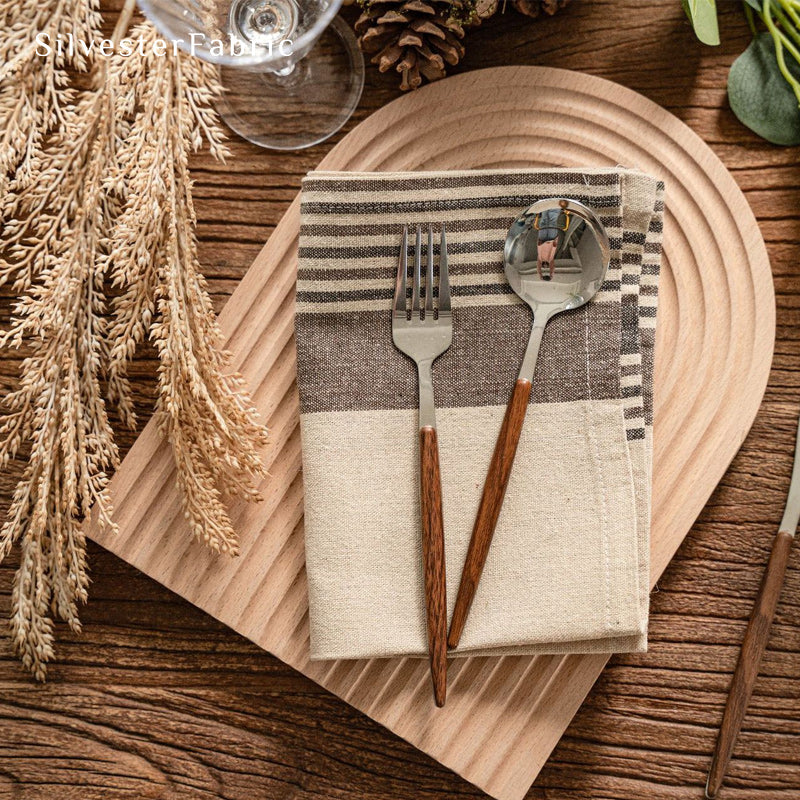 beige farmhouse striped placemats fabric close-up