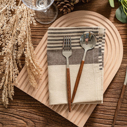 beige farmhouse striped placemats fabric close-up