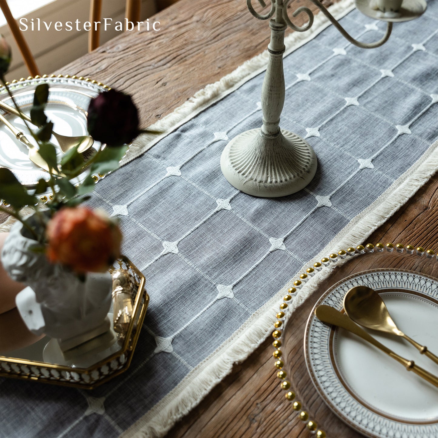 French Gray Lattice Embroidery Vintage Country Long Table Runner