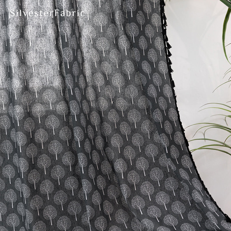 Farmhouse Tree Printed Black Curtains